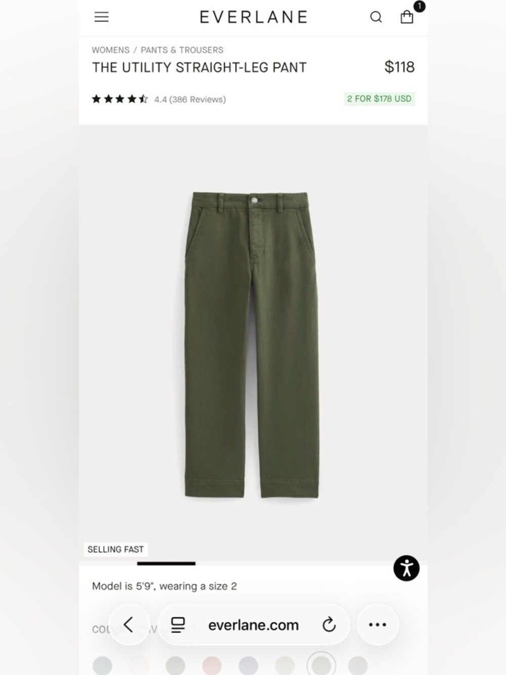 Everlane Utility Straight-Leg Pant — Olive Green Women’s size 16